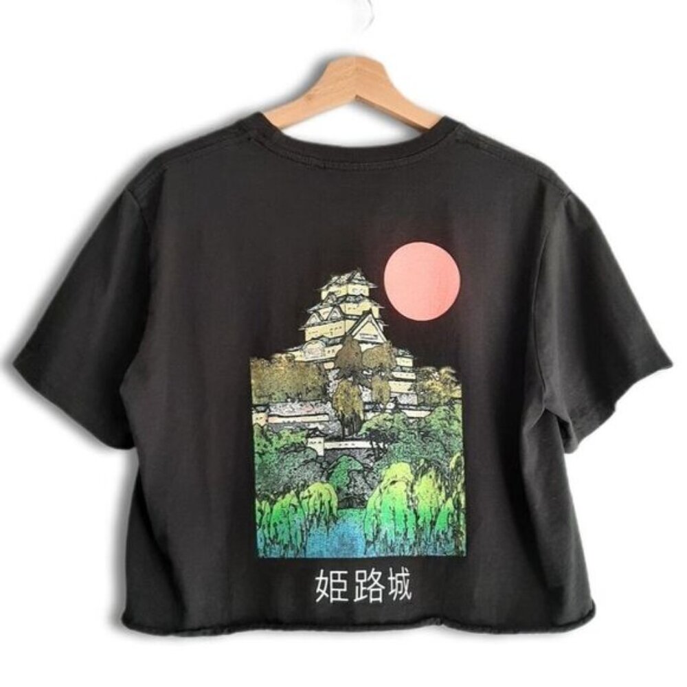 Stylish Black Crop Top with Pink and Green Graphic